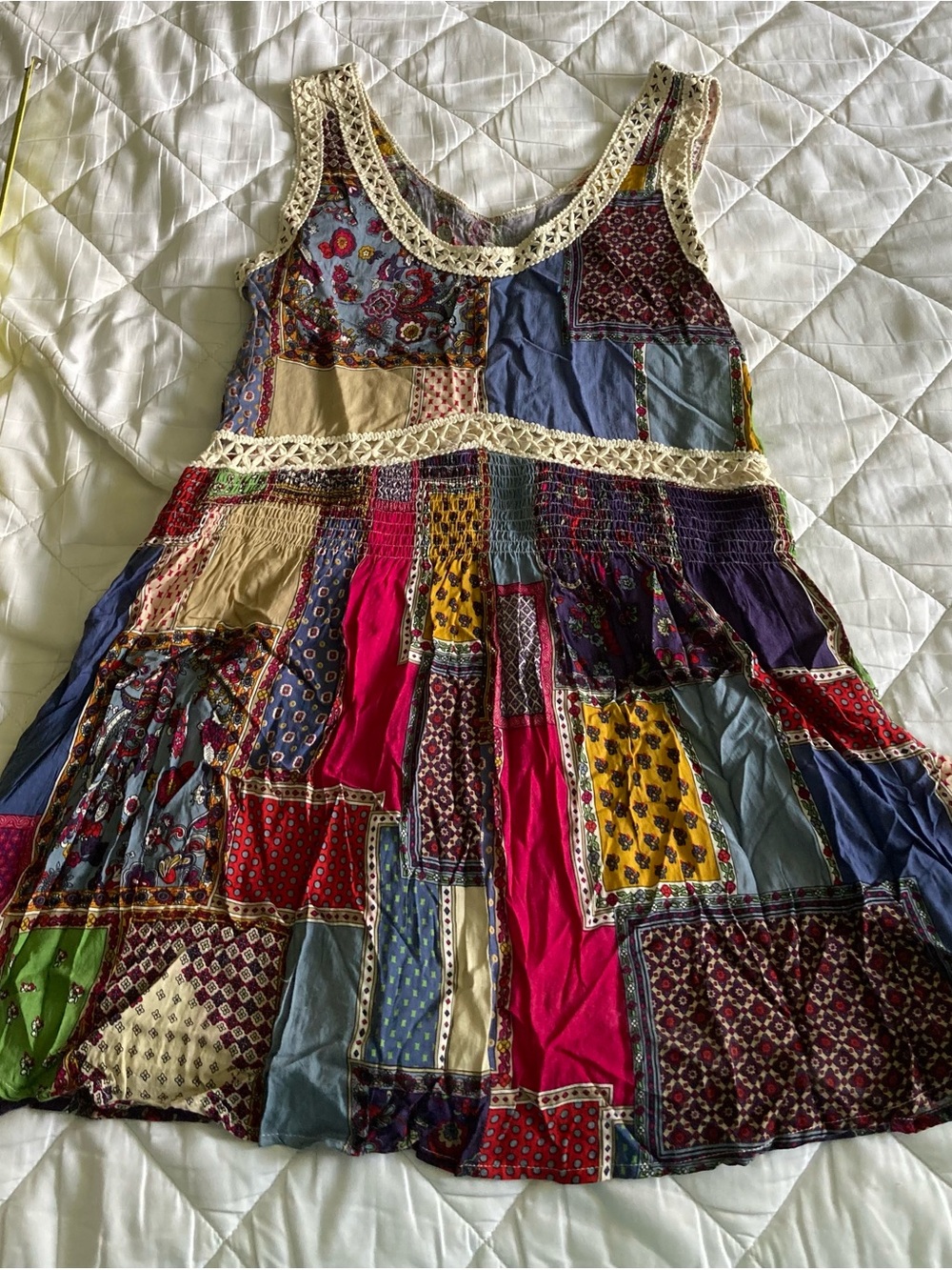 Boho Multicolor Patchwork Cotton Top with Crochet Trim Sleeveless Size M Hippie - Picture 5 of 7